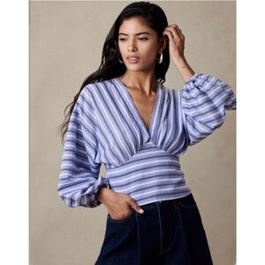 BANANA REPUBLIC Women's Blue Striped Shirred Puff Sleeve Crop Blouse S 10 $75